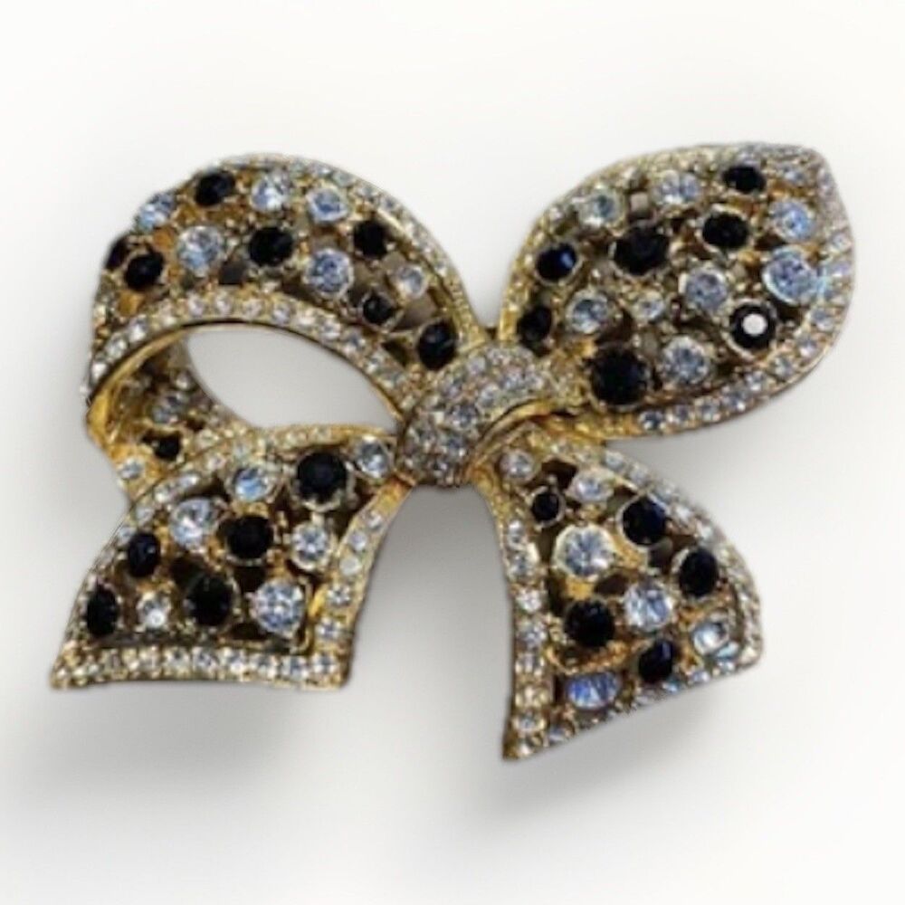 vintage Rhinestone Gold Tone Bow Estate Brooch Pin. Clear + Black Stones